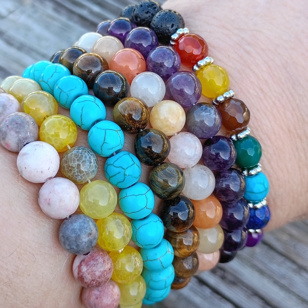 Healing Crystal Beaded Bracelets | Tiger Eye • Amethyst • Rhodonite